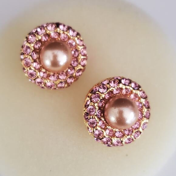 VTG Joan Rivers Earrings Gold Plated with Pink Stones Gold Faux Pearl Clip On - Picture 3 of 9